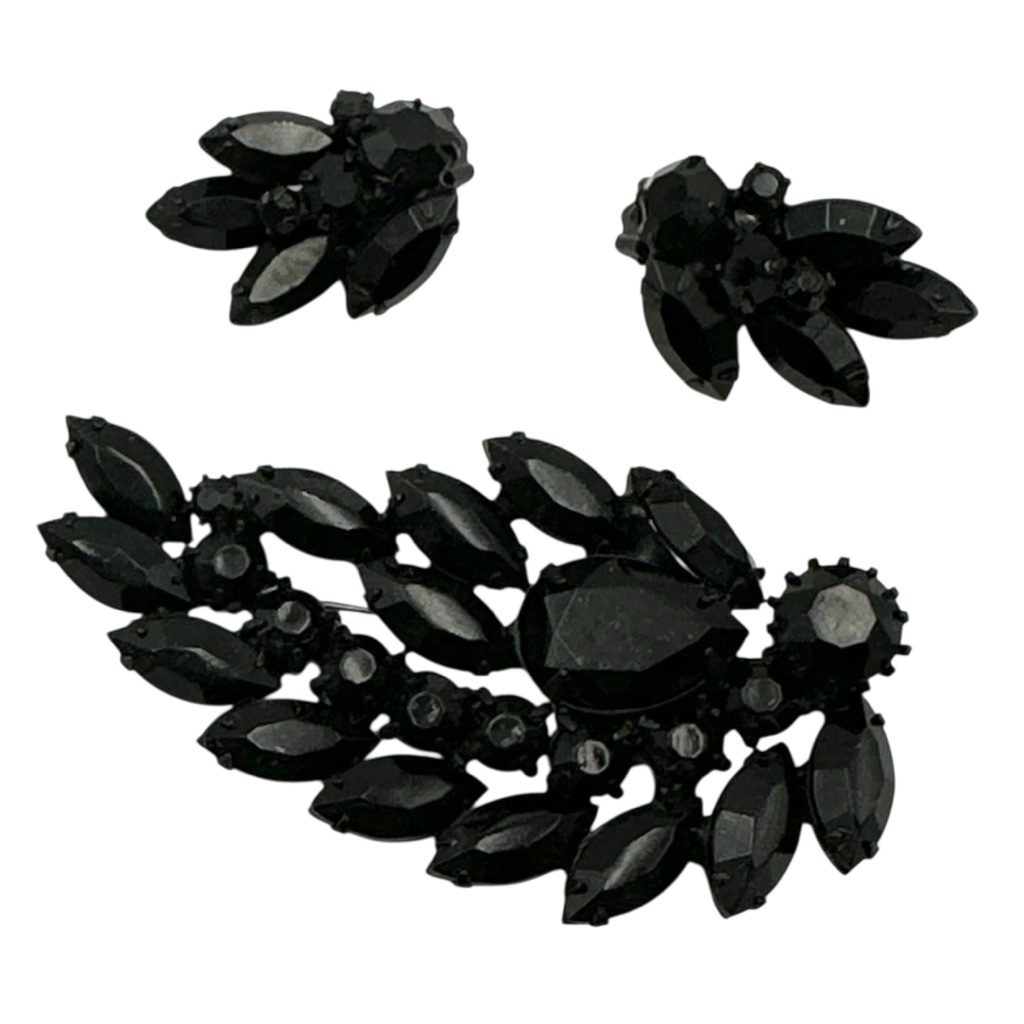 Weiss Signed Vintage Black Rhinestone Brooch Earrings Set 100$